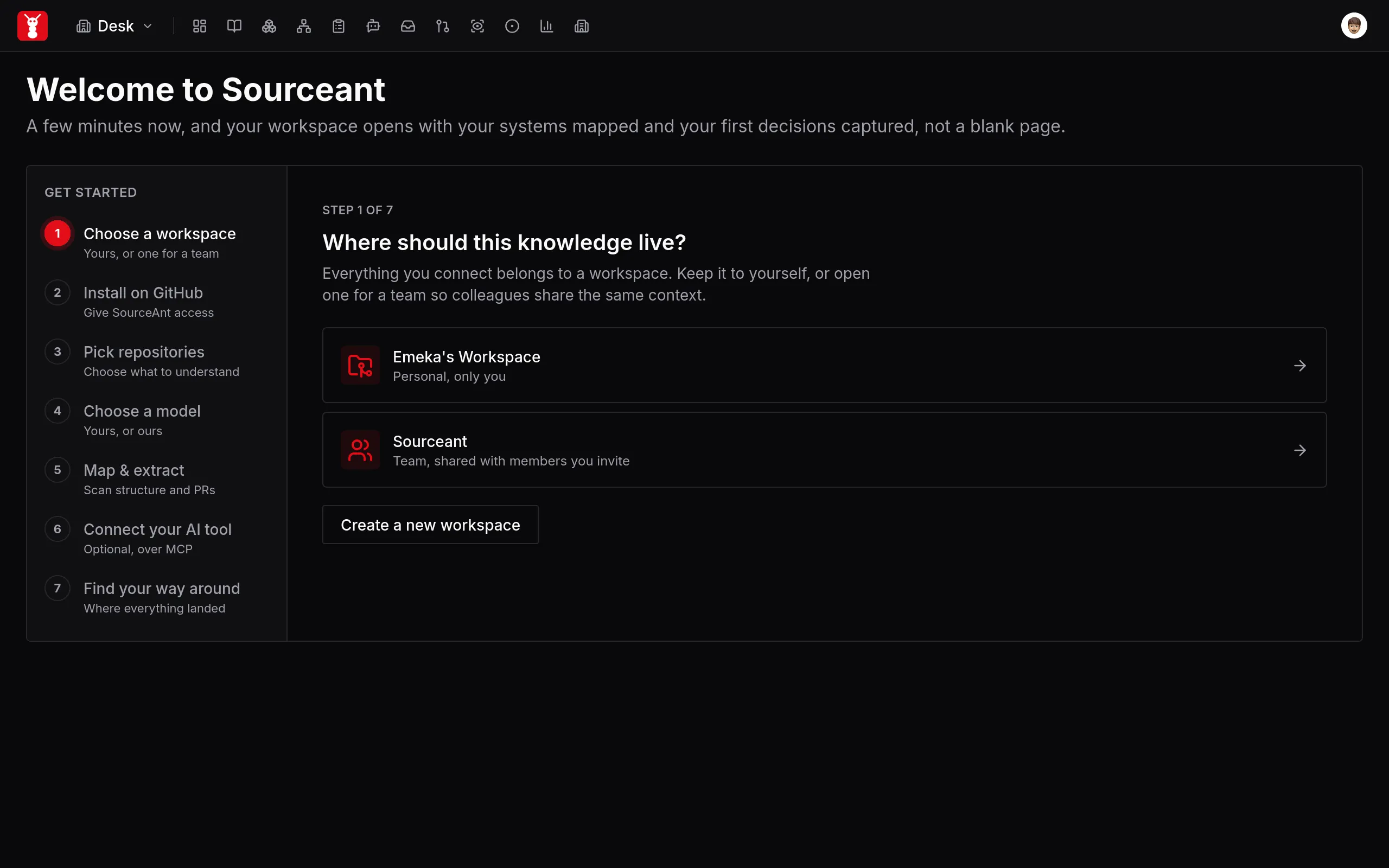 Onboarding workspace selection with personal and team options