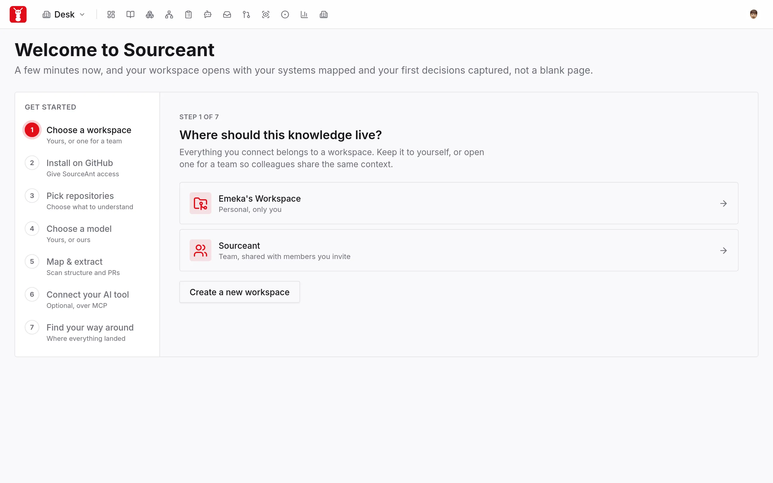 Onboarding workspace selection with personal and team options