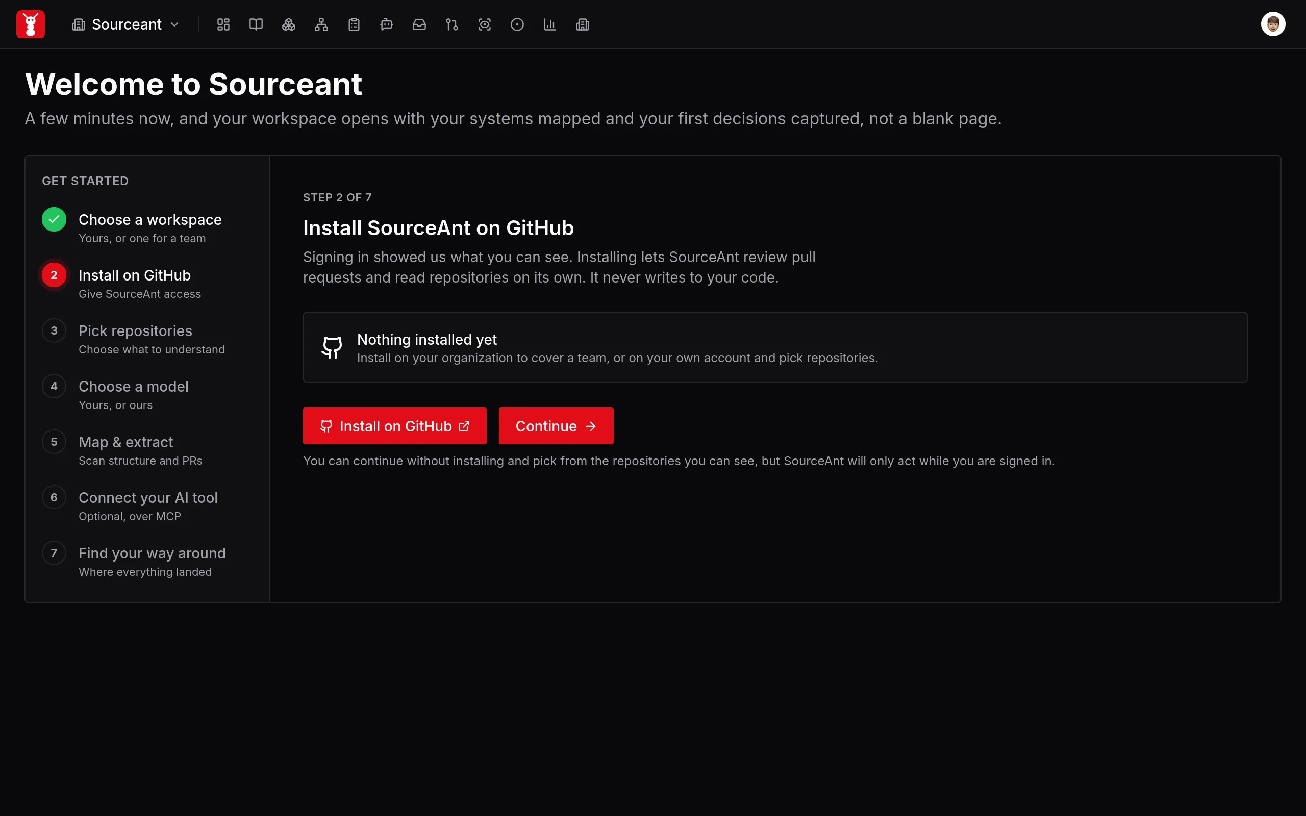 GitHub App installation step with an Install on GitHub button