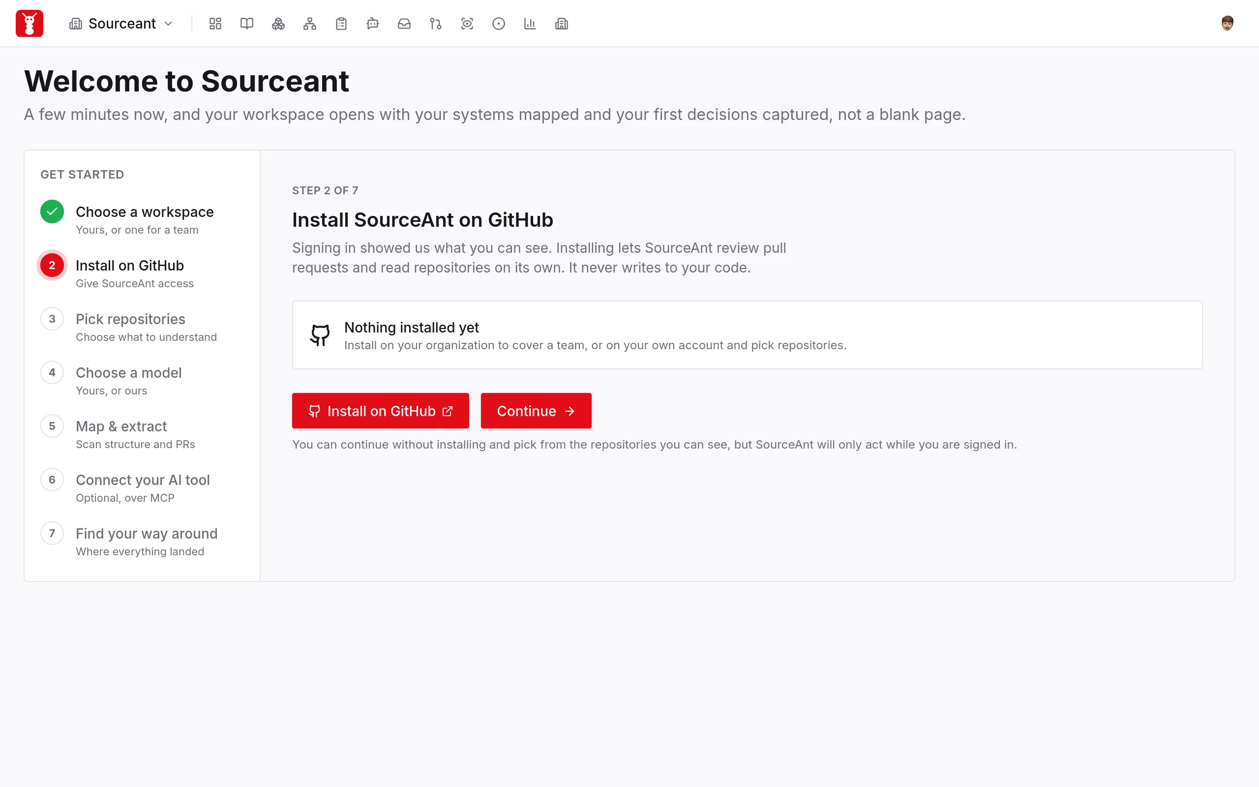 GitHub App installation step with an Install on GitHub button