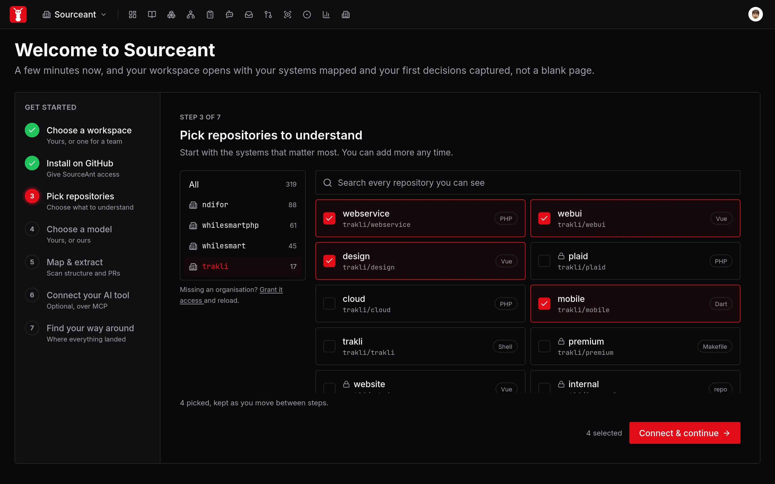 Repository picker with selectable repositories