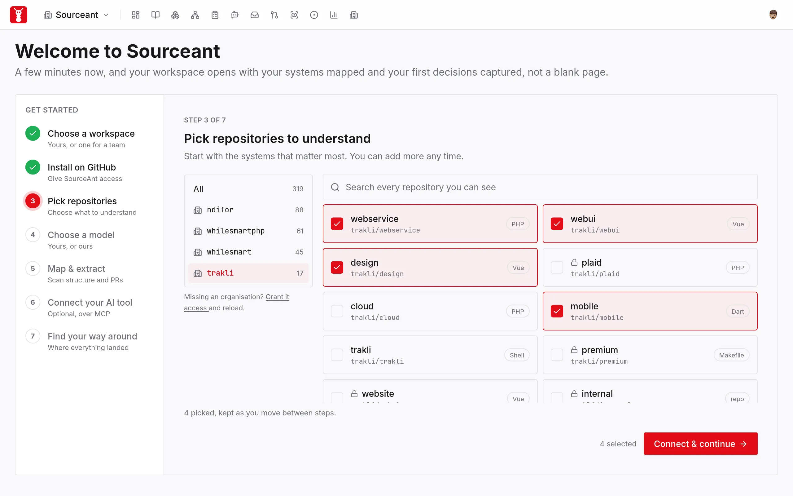 Repository picker with selectable repositories