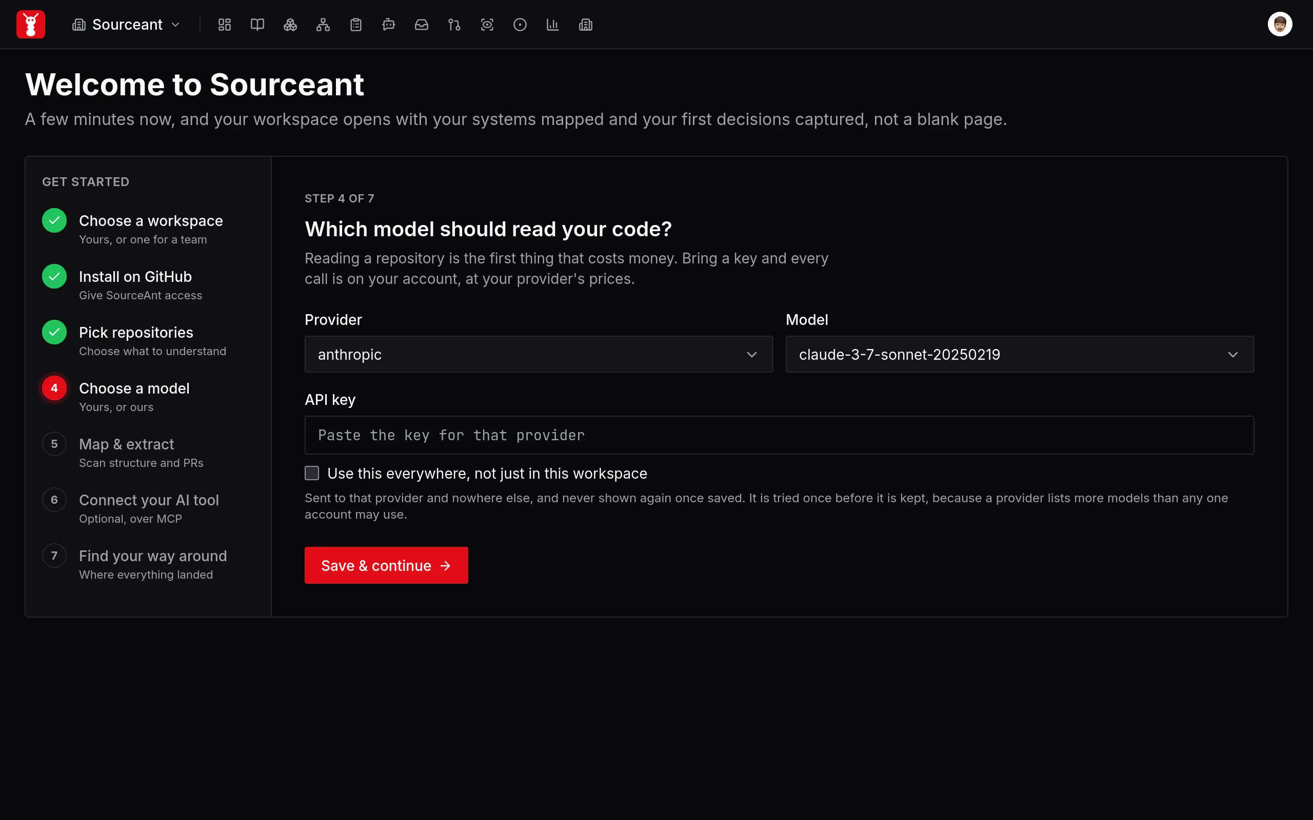Provider, model and API key fields with a settings scope checkbox