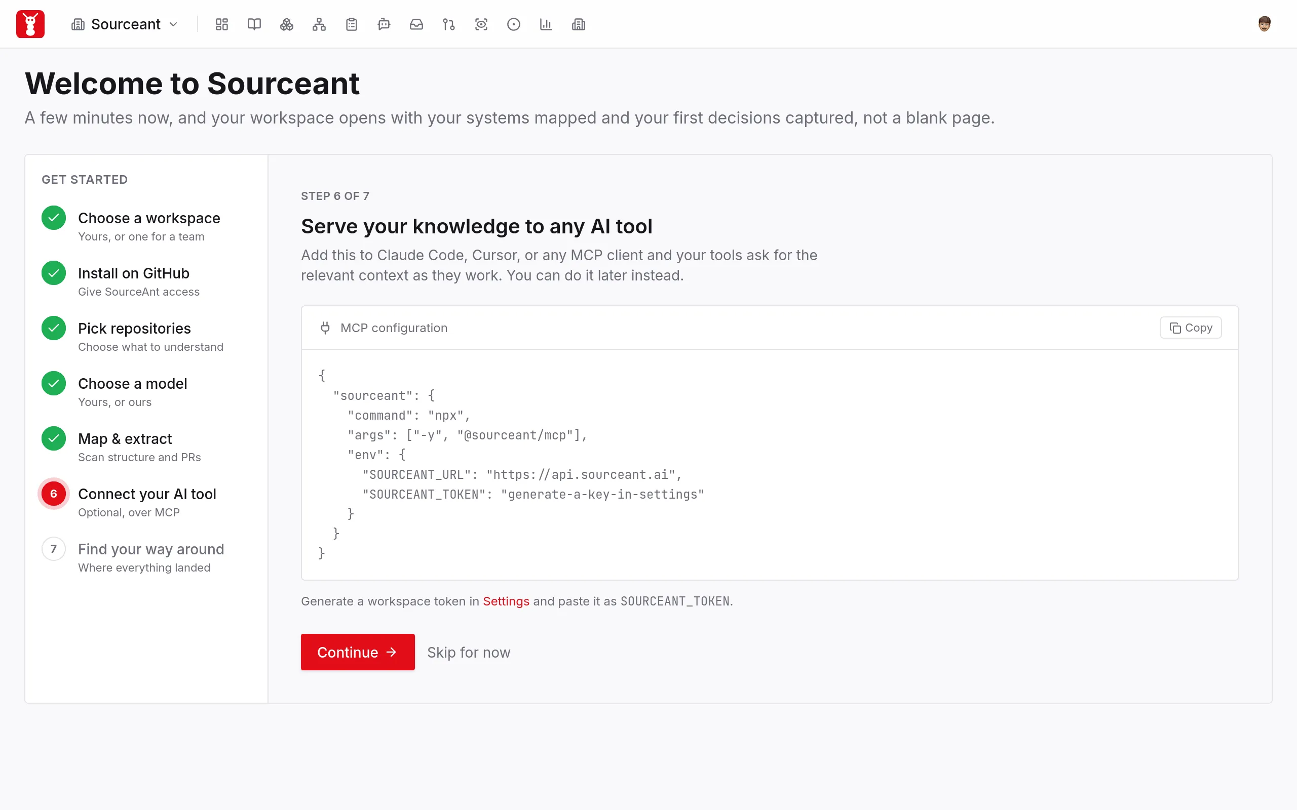Hosted MCP configuration with a workspace token placeholder