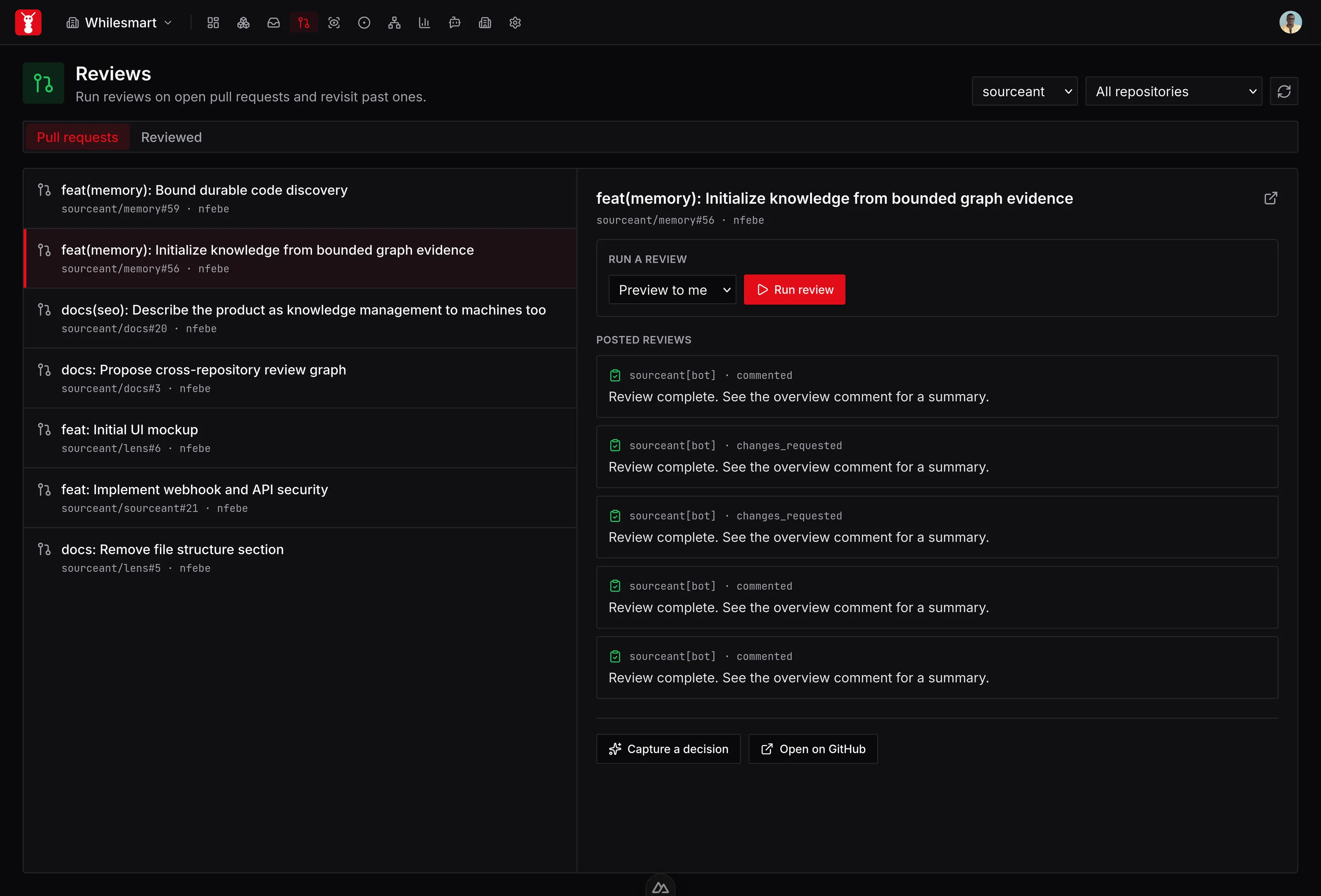 SourceAnt reviews workspace showing pull requests and previously delivered reviews