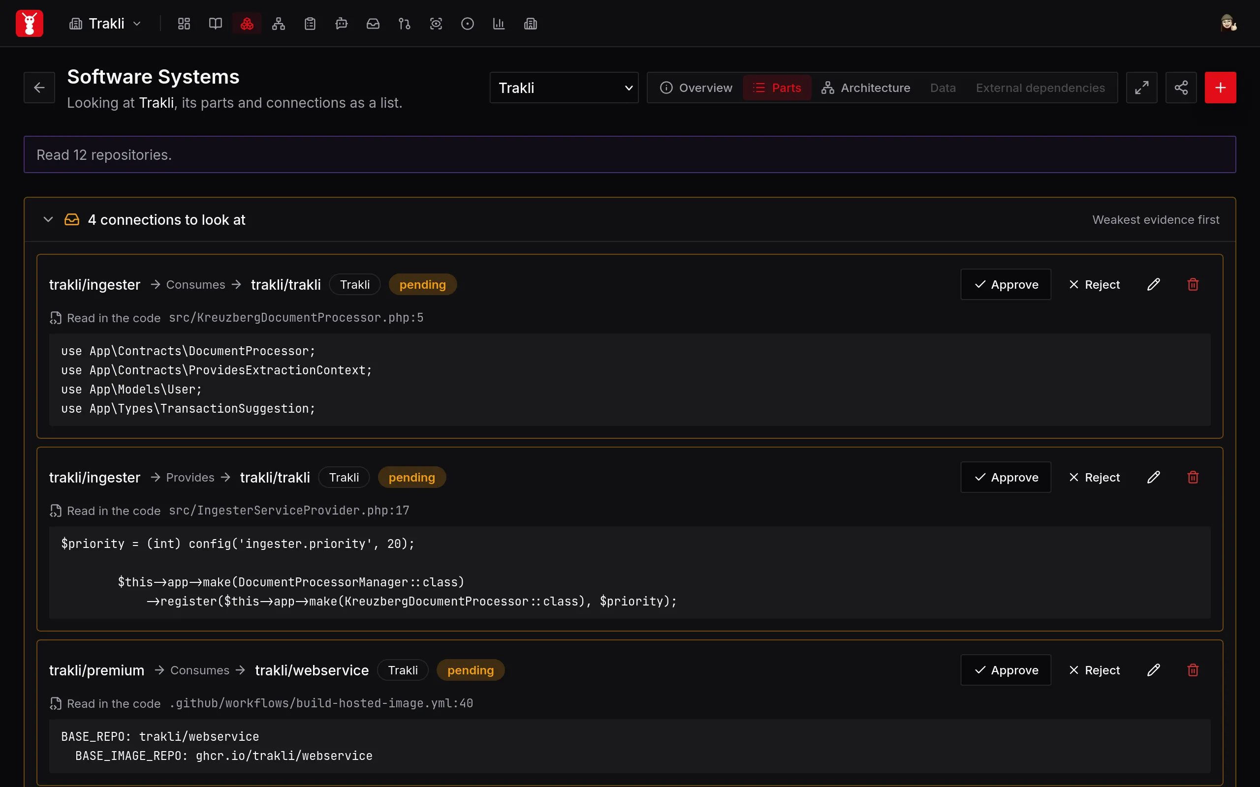Systems Parts view with the share-shaped Find connections button outlined beside the plus button, above pending connections and their supporting code.