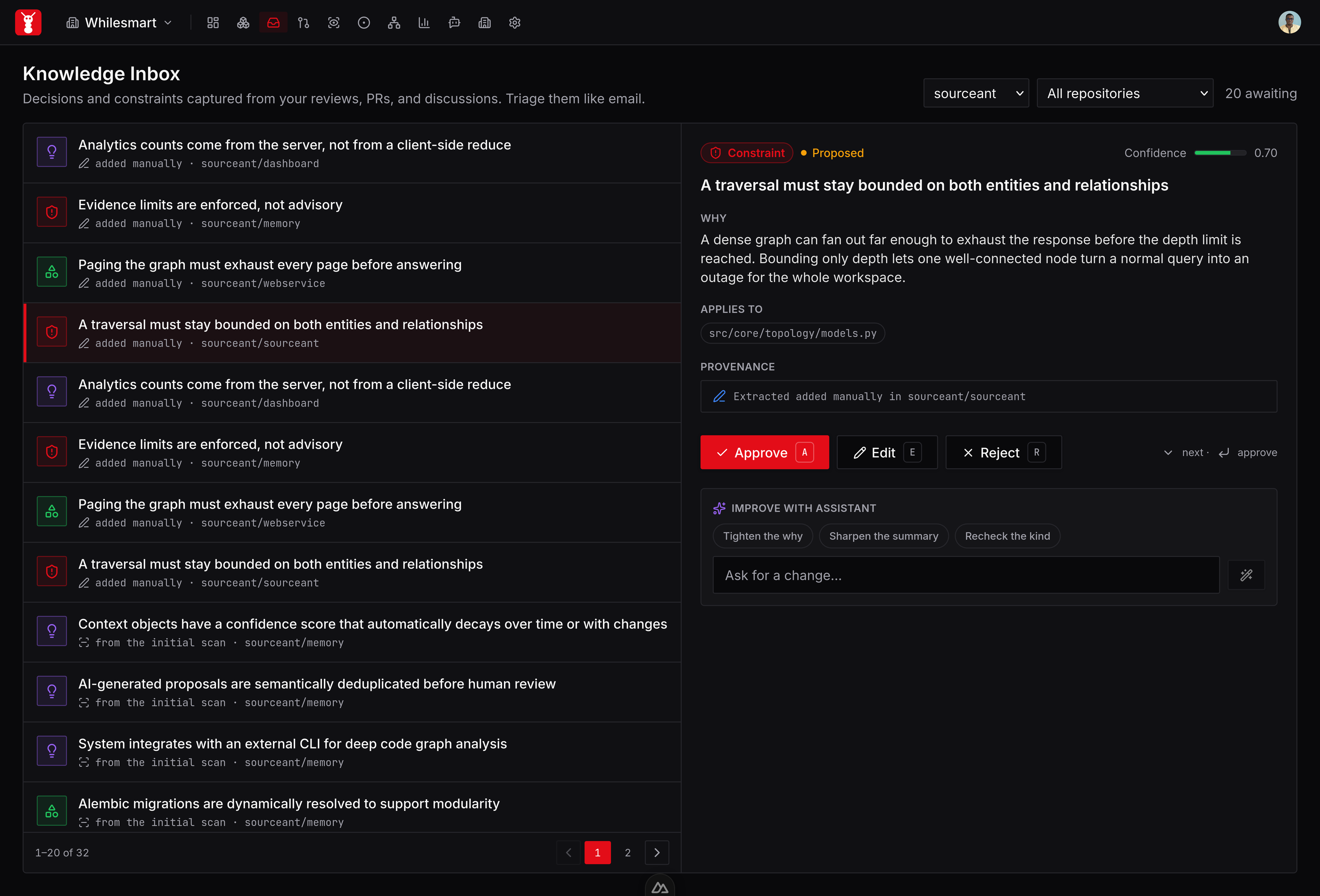The knowledge inbox showing a proposed constraint with its reasoning and confidence
