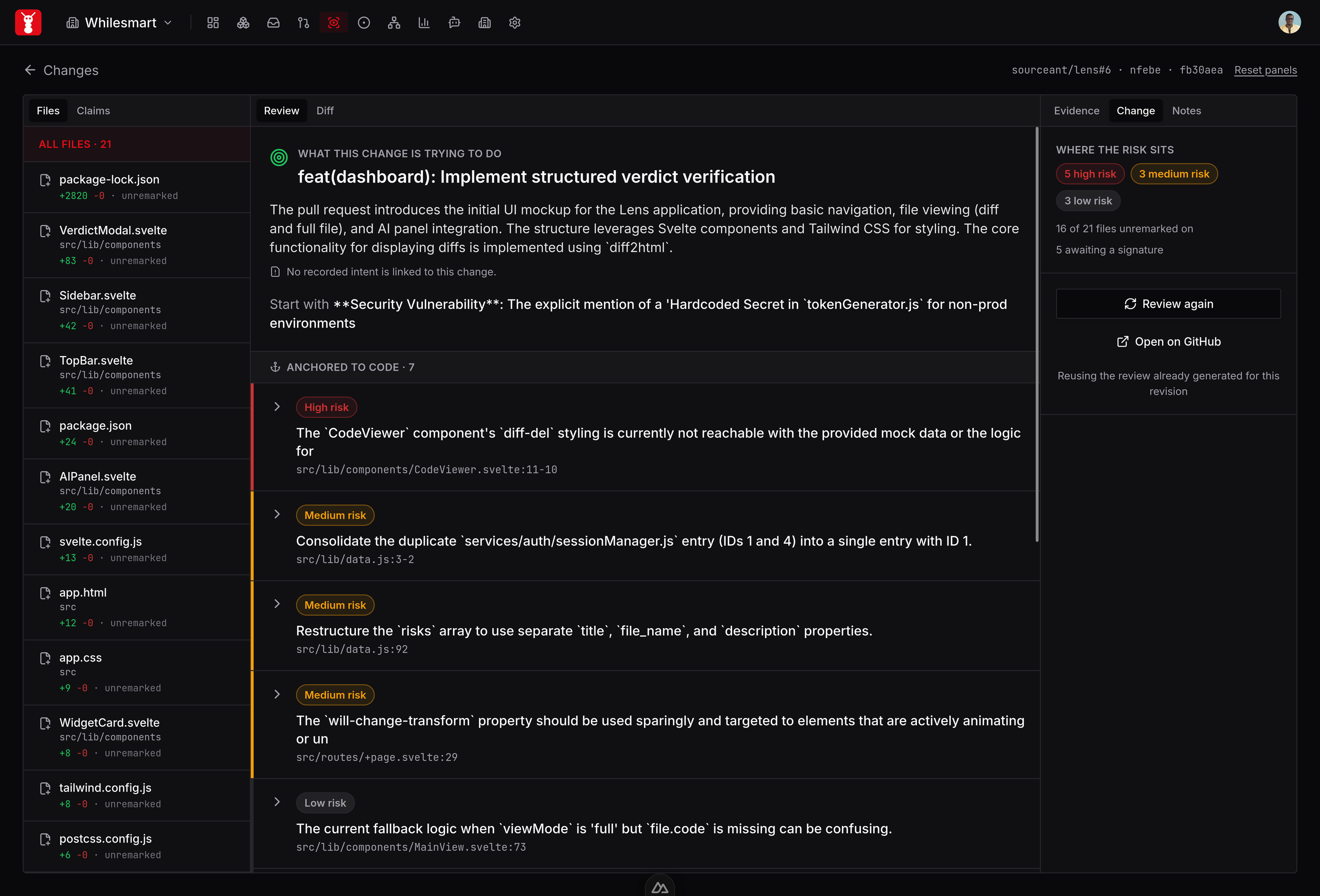 Lens showing where the risk sits across the changed files, with each claim anchored to code